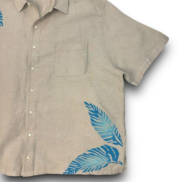 Caribbean Mens Linen Blend Tan Short Sleeve Tropical Leaf Button Front Shirt 3XB - Picture 3 of 6